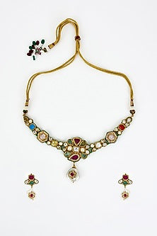 Gold Finish Kundan Polki & Multi-Colored Stone Choker Necklace Set