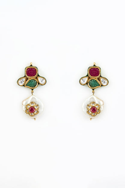 Gold Finish Kundan Polki & Multi-Colored Stone Choker Necklace Set