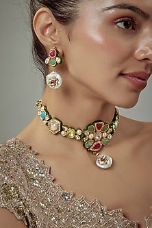 Gold Finish Kundan Polki & Multi-Colored Stone Choker Necklace Set