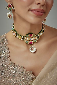 Gold Finish Kundan Polki & Multi-Colored Stone Choker Necklace Set