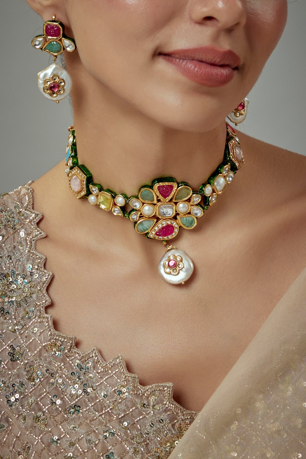 Gold Finish Kundan Polki & Multi-Colored Stone Choker Necklace Set