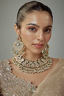 Gold Finish Kundan Polki & Red Stone Choker Necklace Set