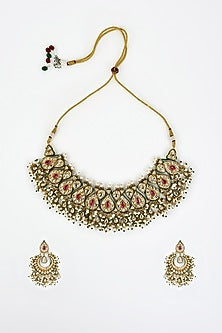 Gold Finish Kundan Polki & Red Stone Choker Necklace Set