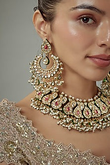 Gold Finish Kundan Polki & Red Stone Choker Necklace Set
