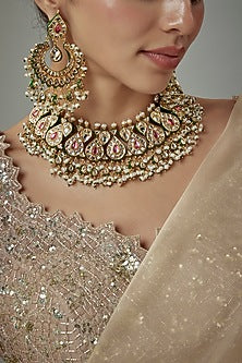 Gold Finish Kundan Polki & Red Stone Choker Necklace Set