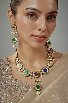 Gold Finish Kundan Polki & Multi-Colored Stone Beaded Choker Necklace Set