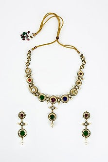 Gold Finish Kundan Polki & Multi-Colored Stone Beaded Choker Necklace Set