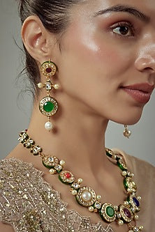 Gold Finish Kundan Polki & Multi-Colored Stone Beaded Choker Necklace Set