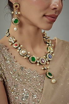 Gold Finish Kundan Polki & Multi-Colored Stone Beaded Choker Necklace Set