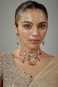 Gold Finish Kundan Polki & Red Stone Beaded Choker Necklace Set