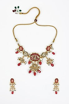 Gold Finish Kundan Polki & Red Stone Beaded Choker Necklace Set