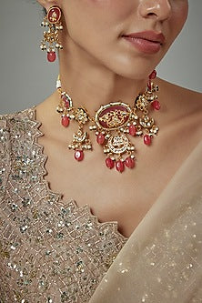 Gold Finish Kundan Polki & Red Stone Beaded Choker Necklace Set
