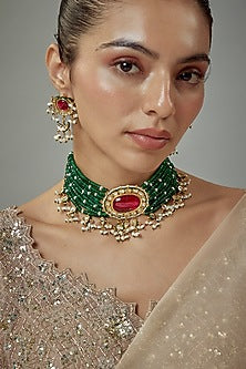 Gold Finish Kundan Polki & Red Stone Beaded Choker Necklace Set