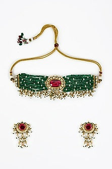 Gold Finish Kundan Polki & Red Stone Beaded Choker Necklace Set