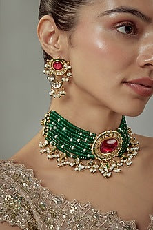 Gold Finish Kundan Polki & Red Stone Beaded Choker Necklace Set