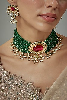 Gold Finish Kundan Polki & Red Stone Beaded Choker Necklace Set