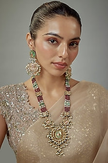 Gold Finish Kundan Polki & Multi-Colored Stone Beaded Necklace Set