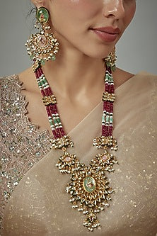 Gold Finish Kundan Polki & Multi-Colored Stone Beaded Necklace Set
