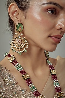 Gold Finish Kundan Polki & Multi-Colored Stone Beaded Necklace Set