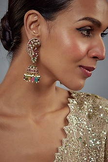 Gold Finish Kundan Polki & Pearl Jhumka Earrings