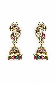 Gold Finish Kundan Polki & Pearl Jhumka Earrings
