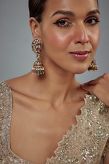Gold Finish Kundan Polki & Pearl Jhumka Earrings
