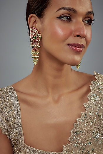 Gold Finish Kundan Polki & Pearl Jhumka Earrings
