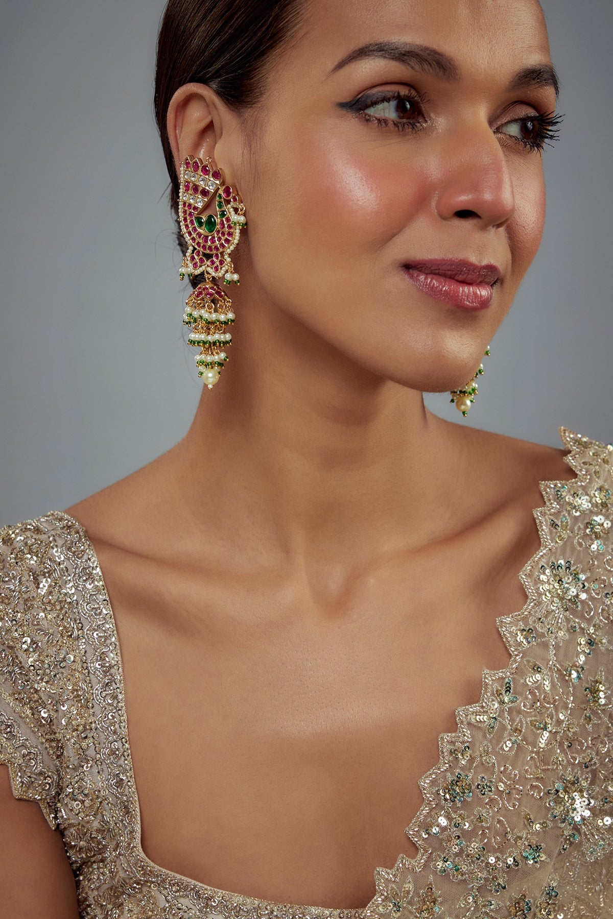 Gold Finish Kundan Polki & Pearl Jhumka Earrings