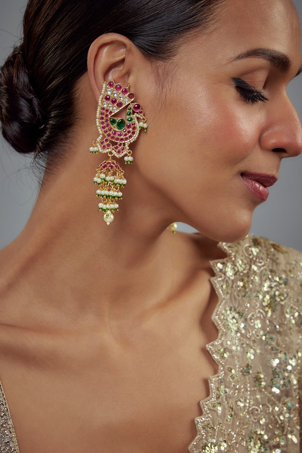 Gold Finish Kundan Polki & Pearl Jhumka Earrings