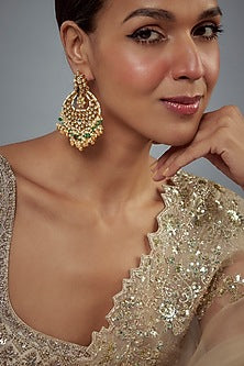 Gold Finish Kundan Polki Chandbali Earrings