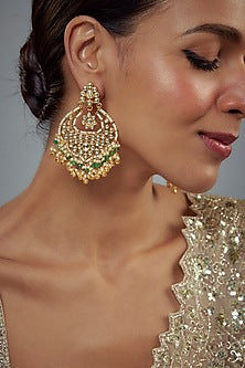 Gold Finish Kundan Polki Chandbali Earrings