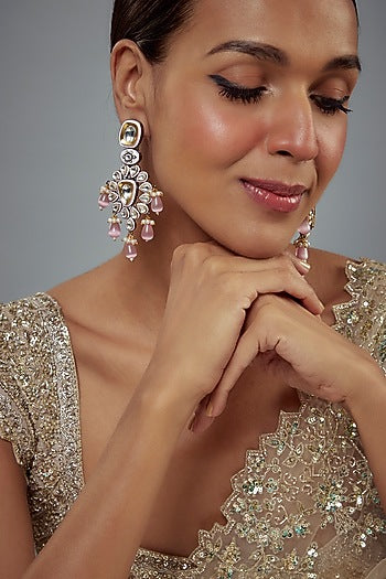 White Finish Zircon & Pink Pearl Dangler Earrings