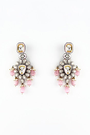 White Finish Zircon & Pink Pearl Dangler Earrings