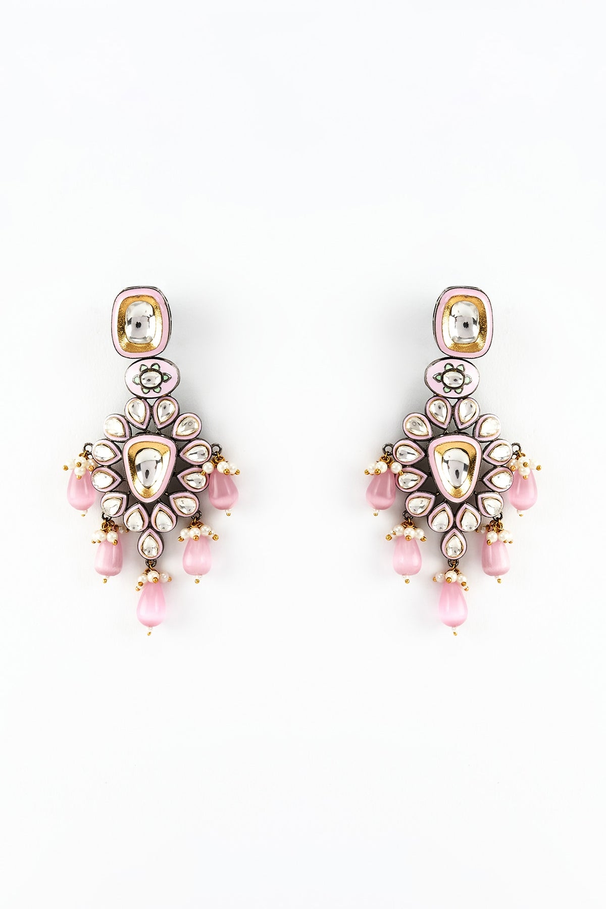 White Finish Zircon & Pink Pearl Dangler Earrings