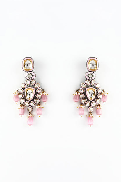 White Finish Zircon & Pink Pearl Dangler Earrings