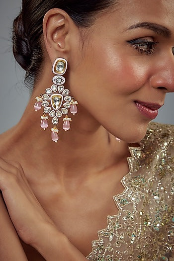 White Finish Zircon & Pink Pearl Dangler Earrings