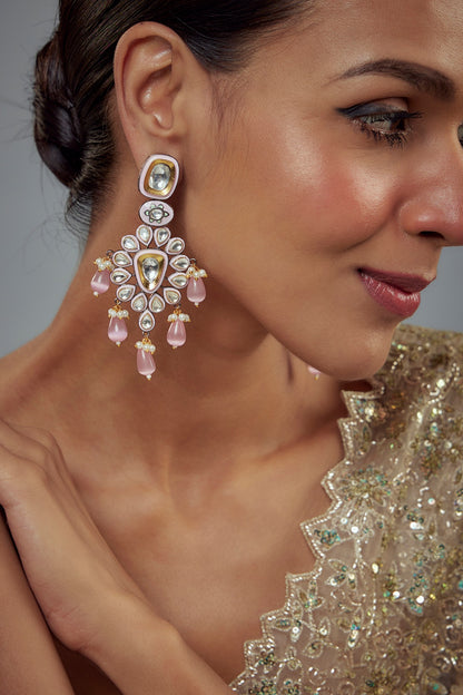 White Finish Zircon & Pink Pearl Dangler Earrings