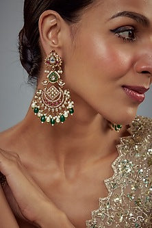 Gold Finish Kundan Polki & Pearl Dangler Earrings