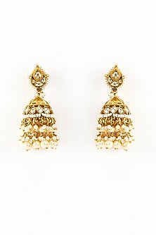 Gold Finish Kundan Polki & Pearl Jhumka Earrings