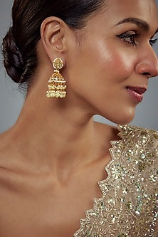 Gold Finish Kundan Polki & Pearl Jhumka Earrings