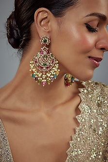 Gold Finish Kundan Polki & Pearl Dangler Earrings