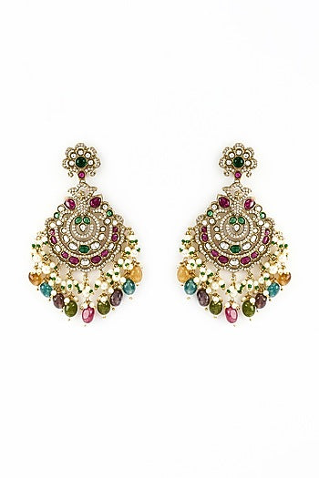 Gold Finish Kundan Polki & Pearl Dangler Earrings