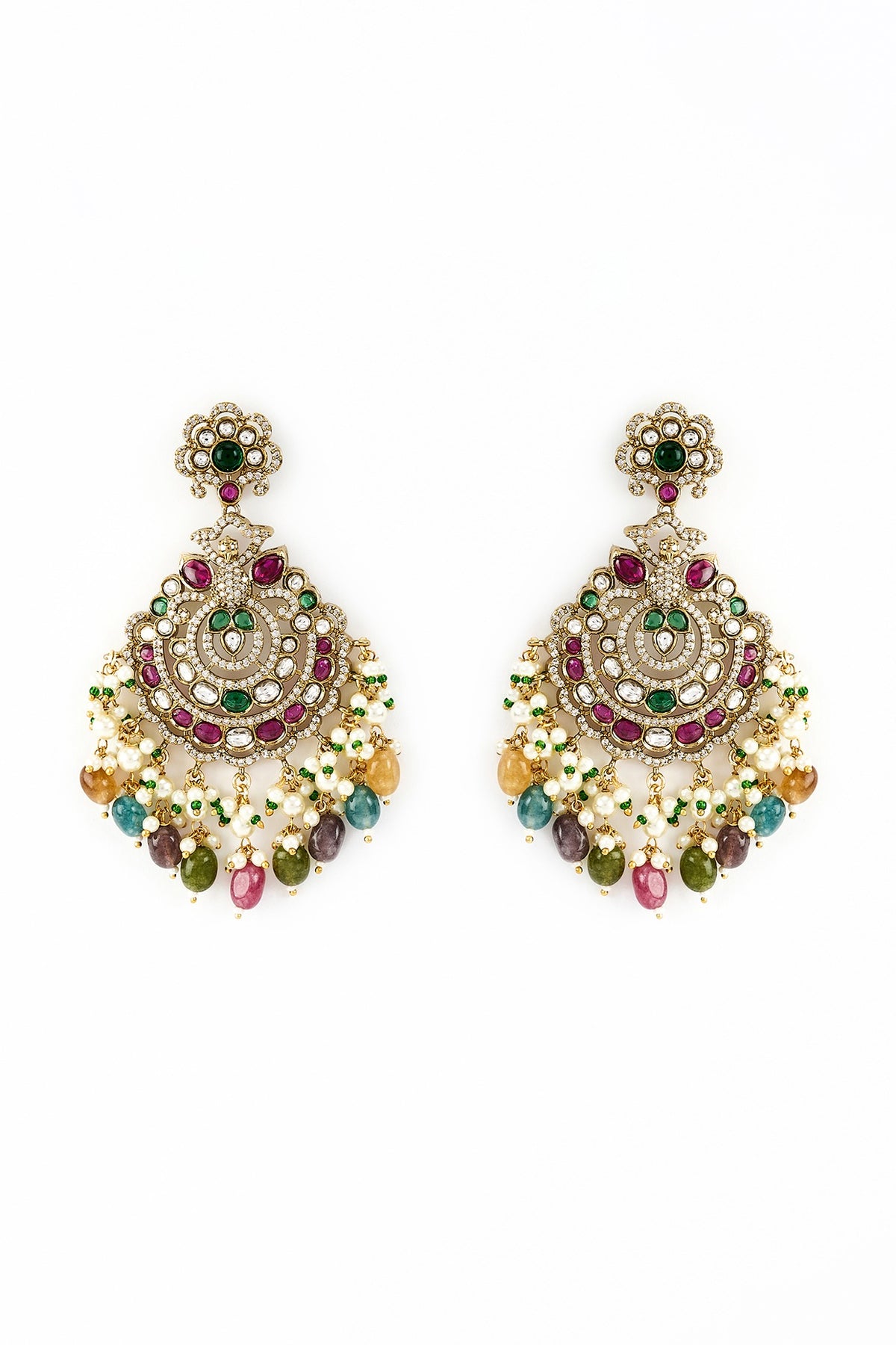 Gold Finish Kundan Polki & Pearl Dangler Earrings