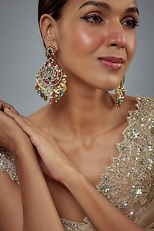 Gold Finish Kundan Polki & Pearl Dangler Earrings