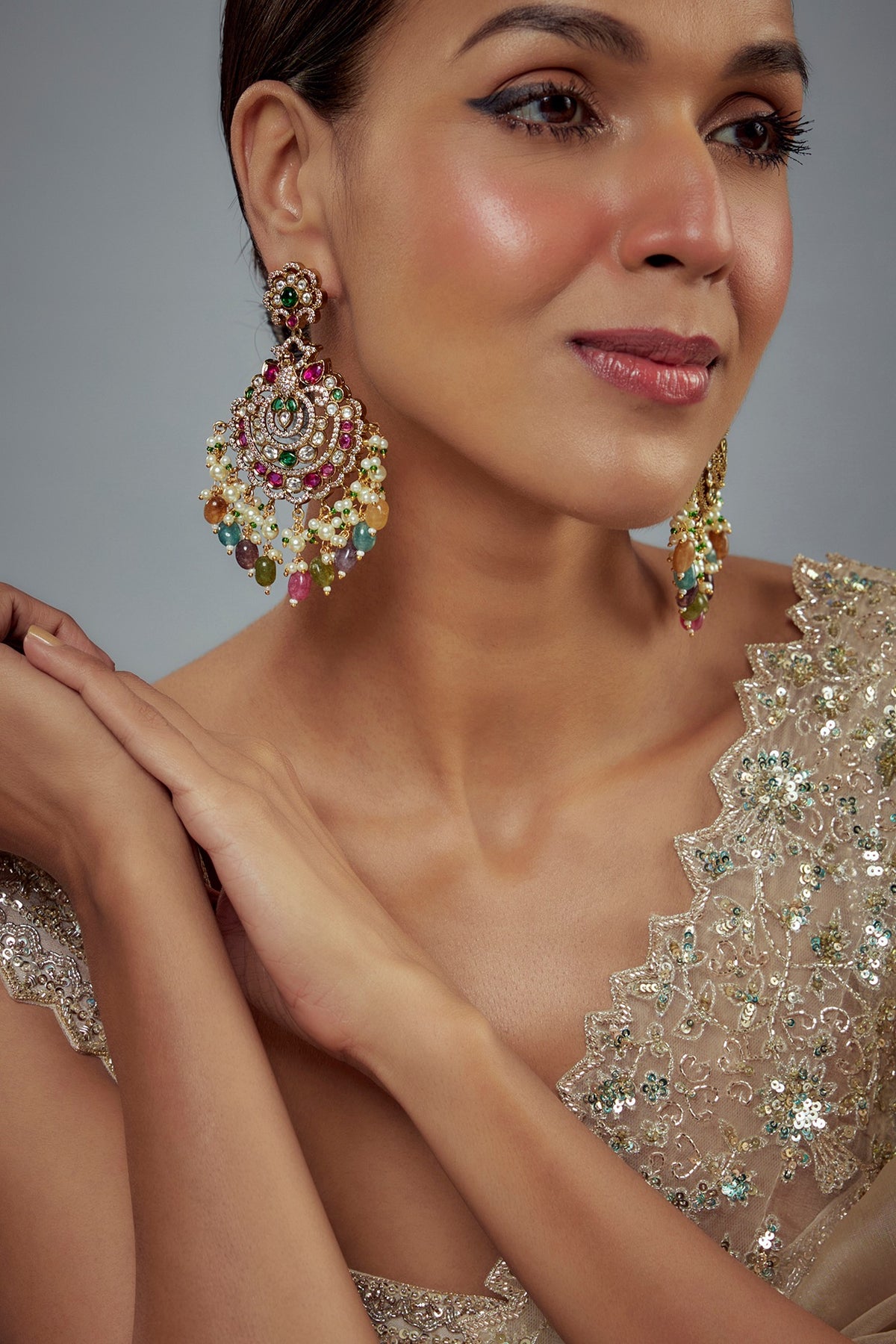 Gold Finish Kundan Polki & Pearl Dangler Earrings
