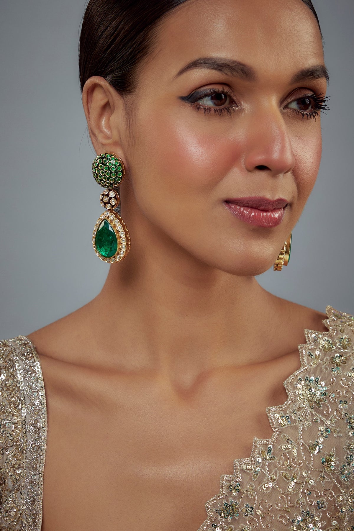 Gold Finish Kundan Polki & Pearl Dangler Earrings