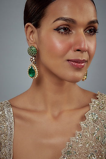 Gold Finish Kundan Polki & Pearl Dangler Earrings