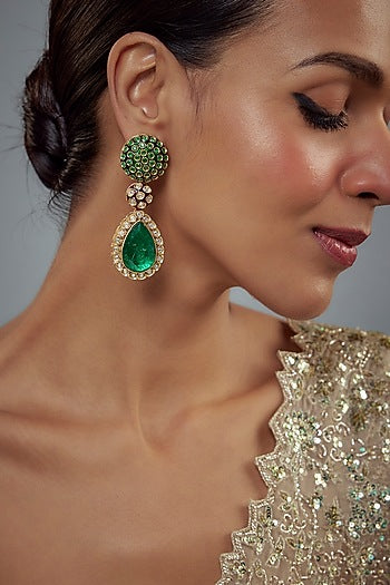 Gold Finish Kundan Polki & Pearl Dangler Earrings