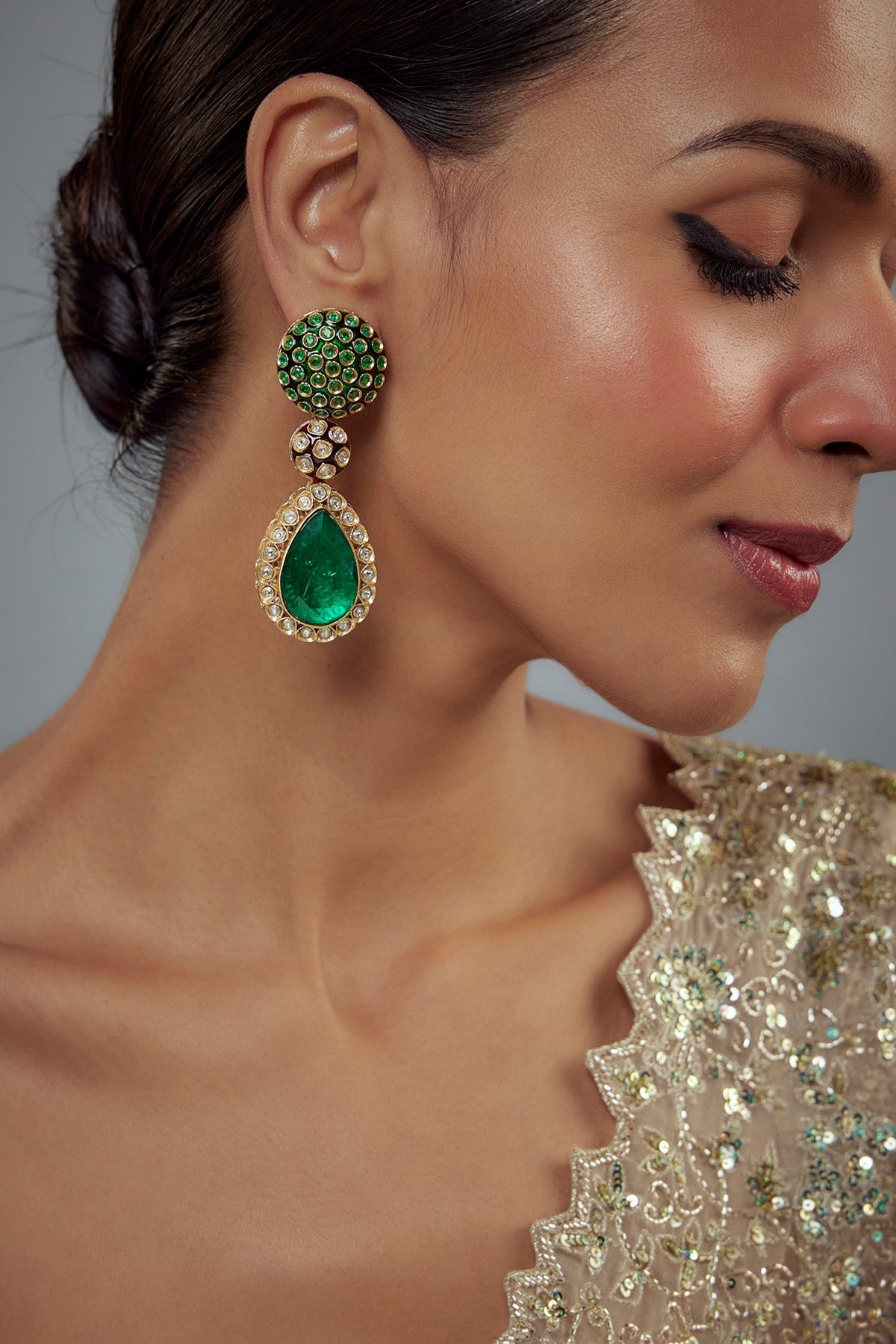 Gold Finish Kundan Polki & Pearl Dangler Earrings