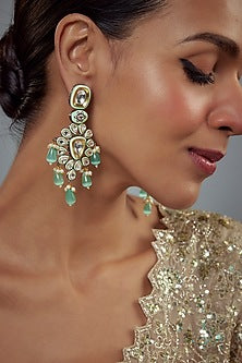 Gold Finish Kundan Polki & Pearl Dangler Earrings